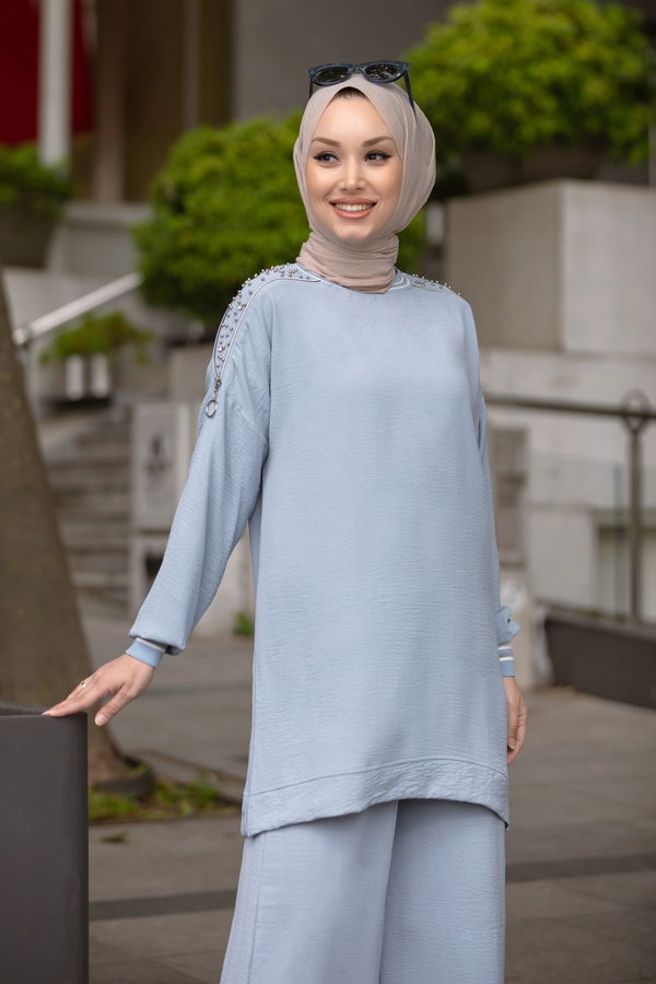 Düz Orta Kadın Mavi Tunik Pantolon - 21028 MAVİ