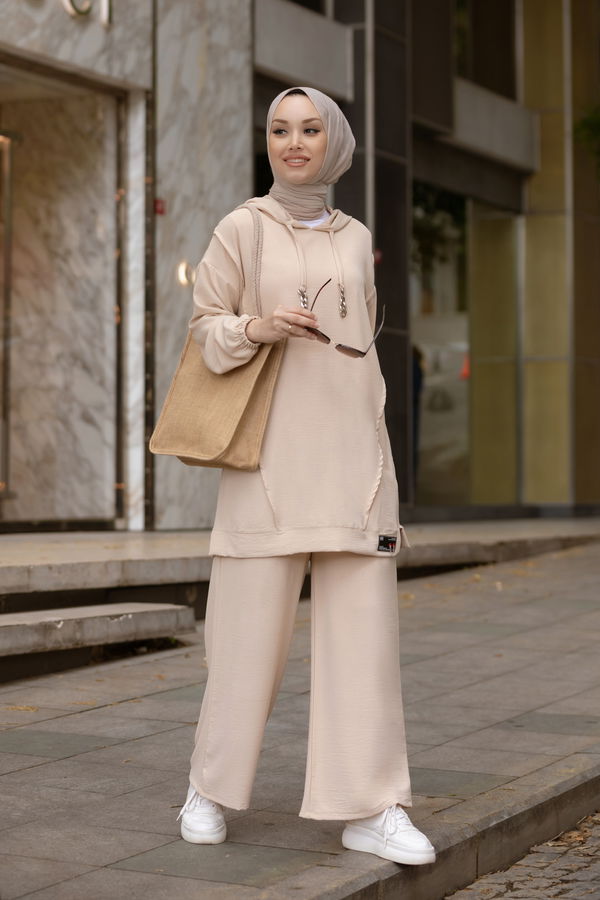 Düz Orta Kadın Bej Tunik Pantolon - 21030 BEJ