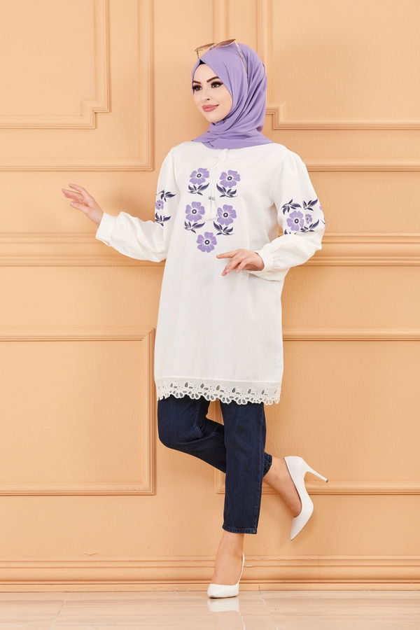 Düz Bisiklet Yaka Kadın Lila Tunik - 3641
