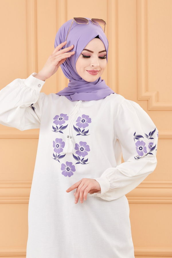 Düz Bisiklet Yaka Kadın Lila Tunik - 3641