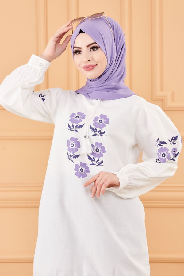Düz Bisiklet Yaka Kadın Lila Tunik - 3641