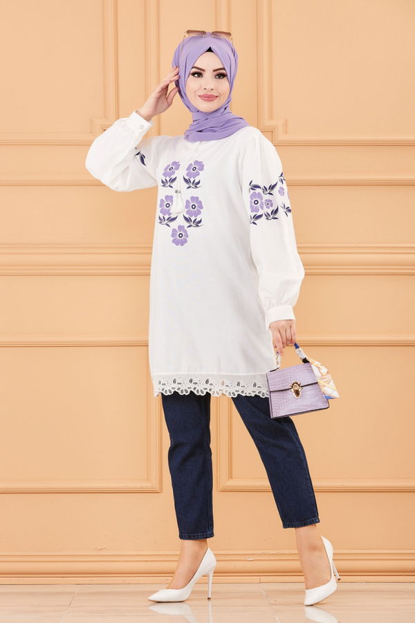 Düz Bisiklet Yaka Kadın Lila Tunik - 3641