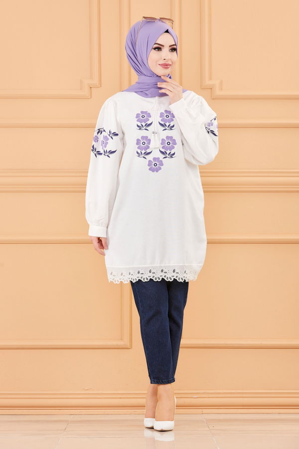Düz Bisiklet Yaka Kadın Lila Tunik - 3641