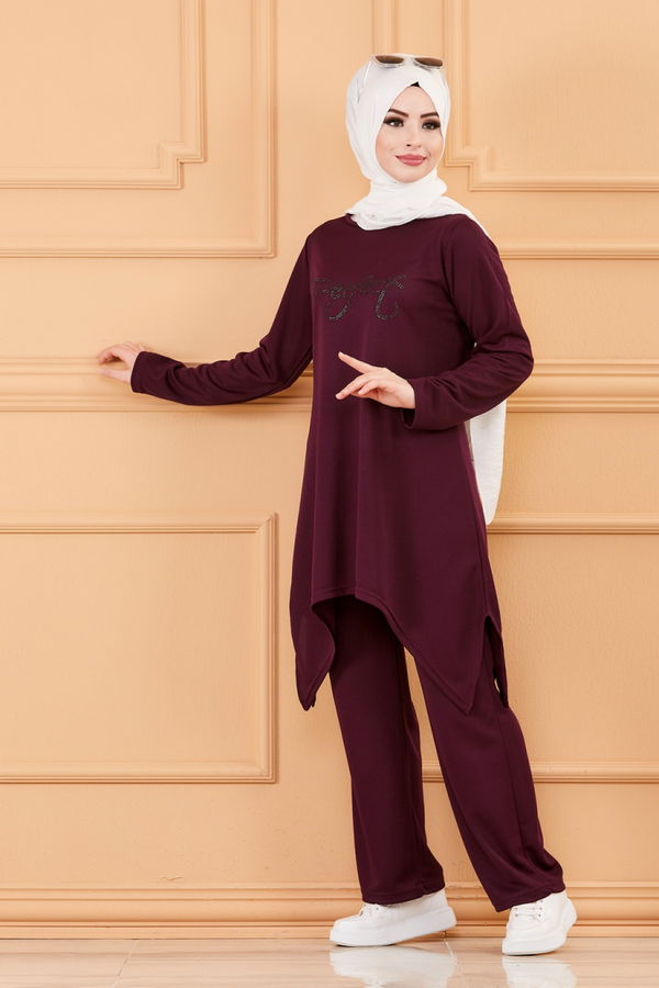 Düz Bisiklet Yaka Kadın Mürdüm TUNIK PANTOLON - 3664 MÜRDÜM