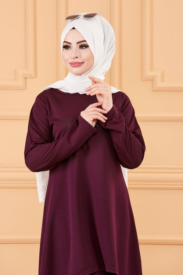 Düz Bisiklet Yaka Kadın Mürdüm TUNIK PANTOLON - 3664 MÜRDÜM