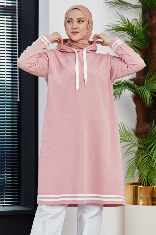 Düz Kapsonlu Yaka Kadın Pembe Seritli Tunik - 3522 PEMBE