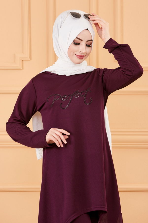 Düz Bisiklet Yaka Kadın Mürdüm TUNIK PANTOLON - 3664 MÜRDÜM