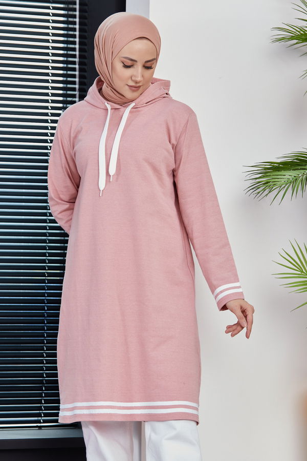 Düz Kapsonlu Yaka Kadın Pembe Seritli Tunik - 3522 PEMBE