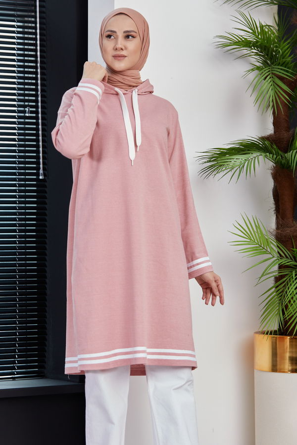 Düz Kapsonlu Yaka Kadın Pembe Seritli Tunik - 3522 PEMBE