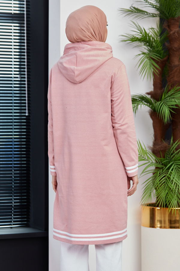 Düz Kapsonlu Yaka Kadın Pembe Seritli Tunik - 3522 PEMBE