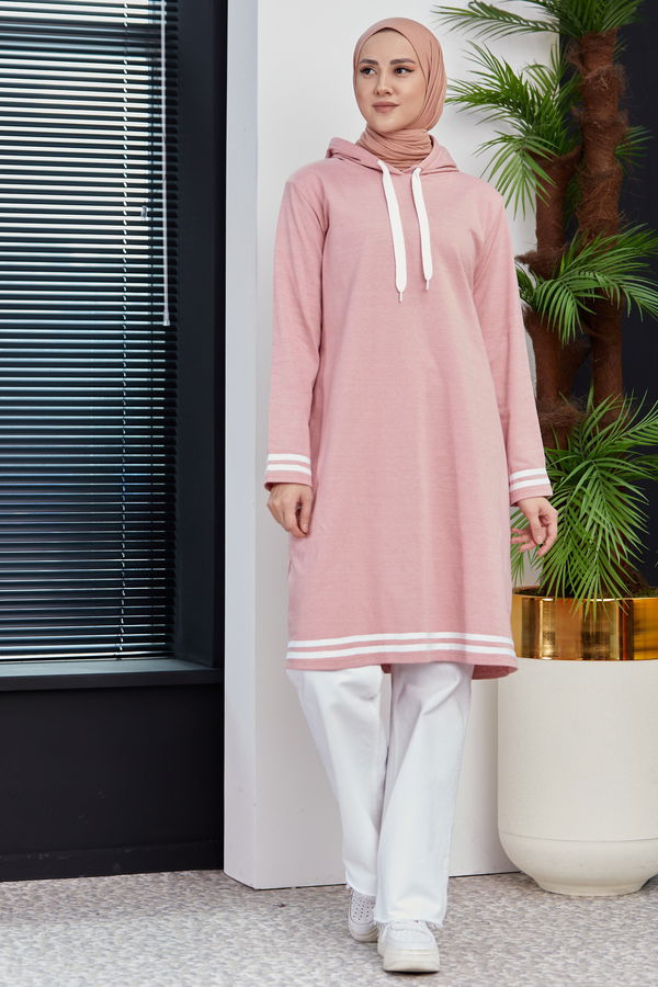 Düz Kapsonlu Yaka Kadın Pembe Seritli Tunik - 3522 PEMBE