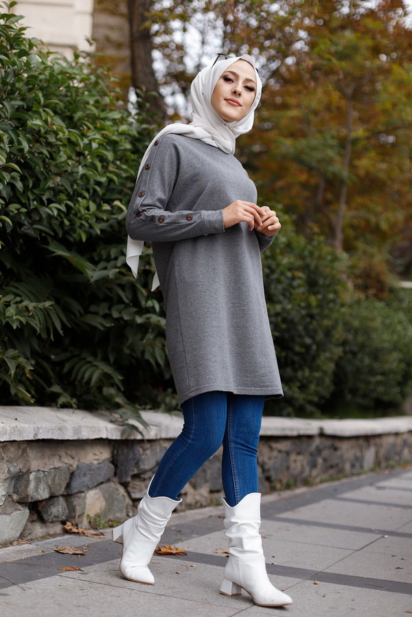 Düz Bisiklet Yaka Kadın Gri YARASA KOL TUNIK - 2811 GRİ