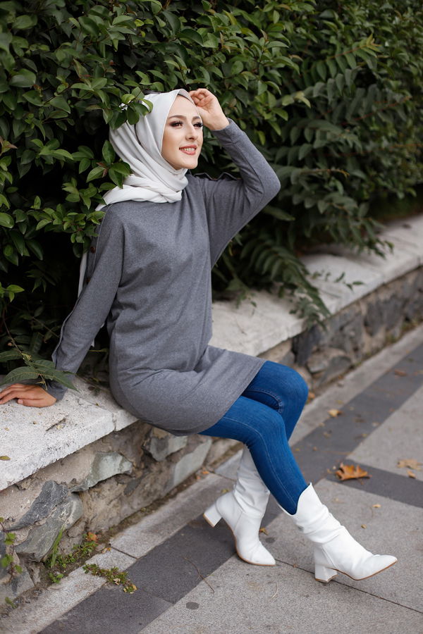 Düz Bisiklet Yaka Kadın Gri YARASA KOL TUNIK - 2811 GRİ
