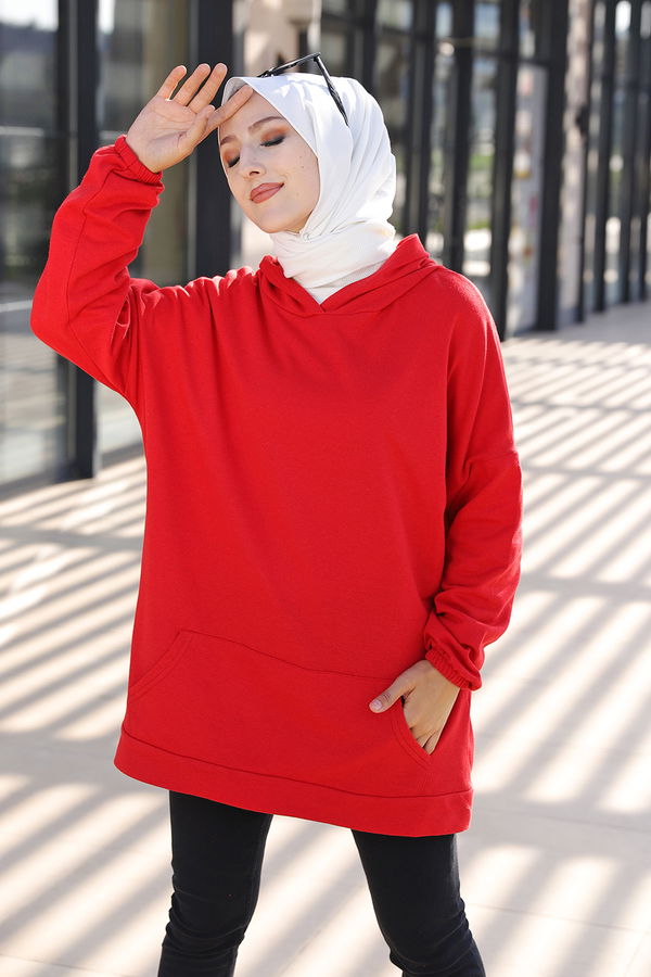 Düz Kapsonlu Yaka Kadın Kırmızı KAPSONLU SWEAT - 3293 Kırmızı