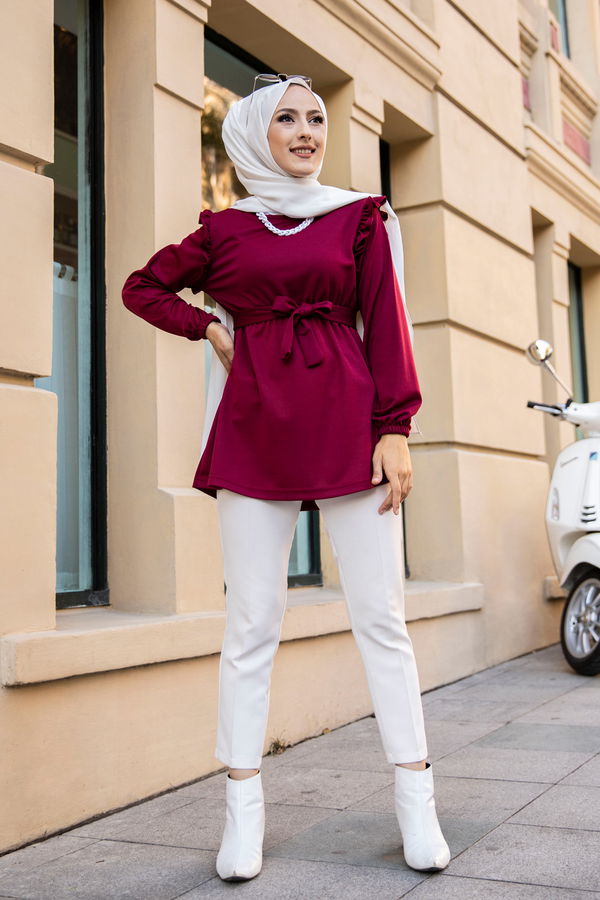 Düz Bisiklet Yaka Kadın Bordo KEMERLI TUNIK - 3296 BORDO