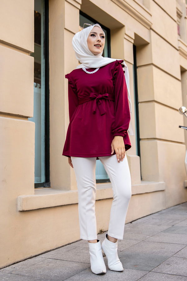 Düz Bisiklet Yaka Kadın Bordo KEMERLI TUNIK - 3296 BORDO