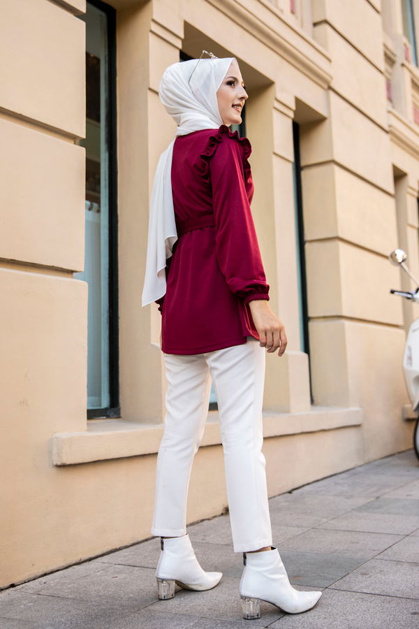 Düz Bisiklet Yaka Kadın Bordo KEMERLI TUNIK - 3296 BORDO