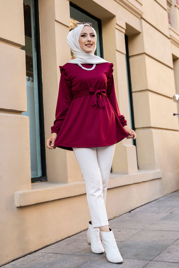 Düz Bisiklet Yaka Kadın Bordo KEMERLI TUNIK - 3296 BORDO