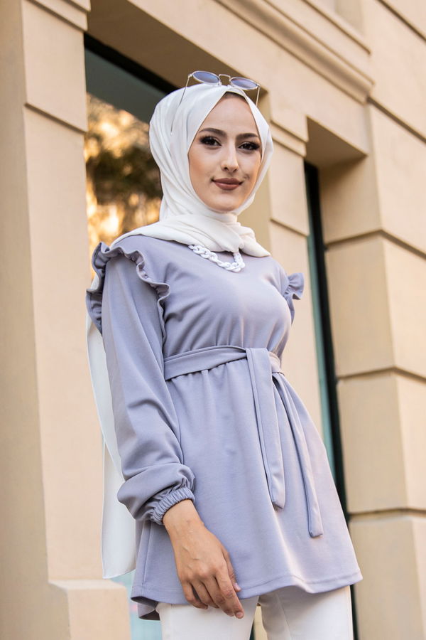 Düz Bisiklet Yaka Kadın Gri KEMERLI TUNIK - 3296 GRİ