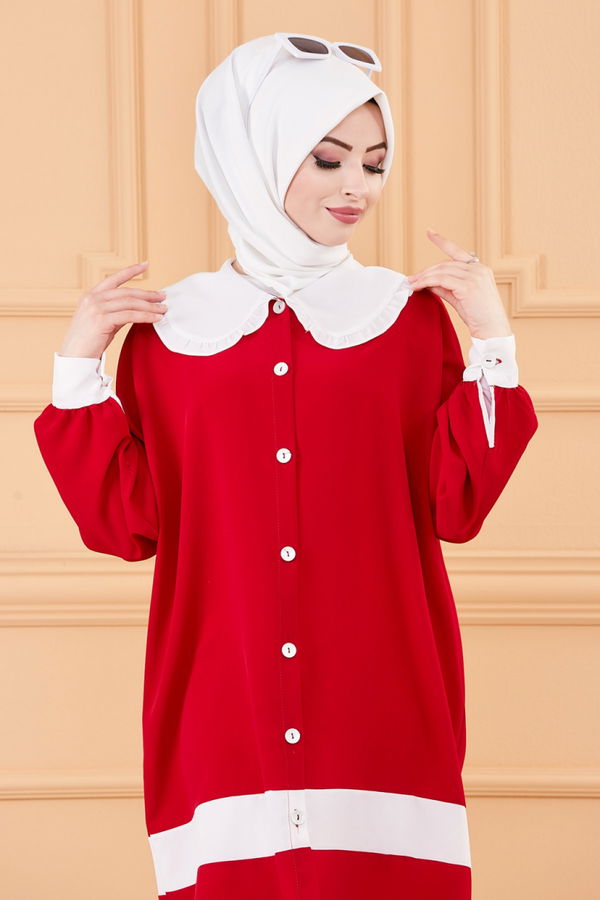 Düz Bahriye Yaka Kadın Kırmızı TUNIK - 3647 Kırmızı