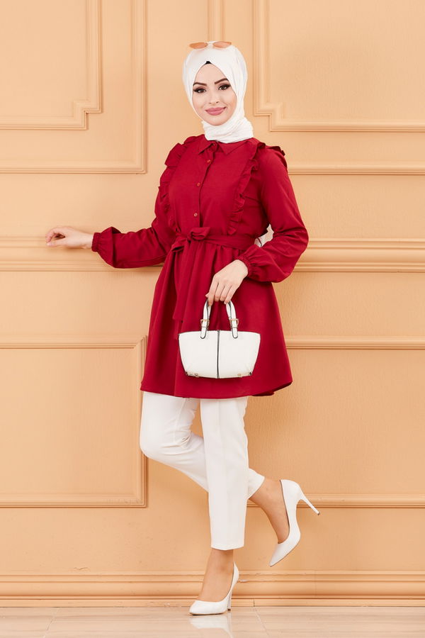 Düz Gömlek Yaka Kadın Bordo TUNIK - 3566 BORDO