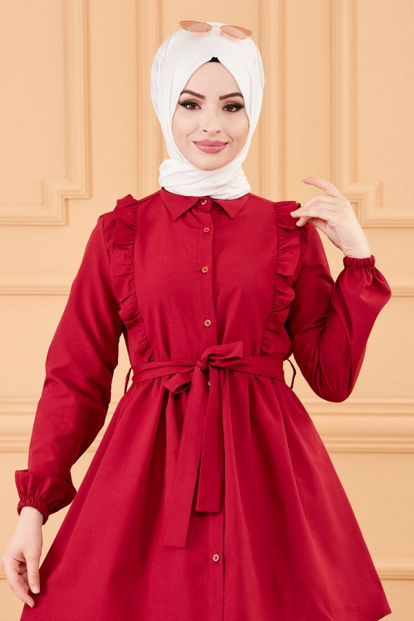 Düz Gömlek Yaka Kadın Bordo TUNIK - 3566 BORDO