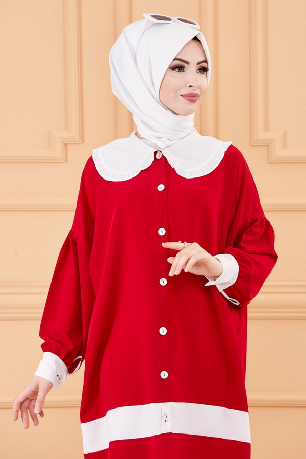Düz Bahriye Yaka Kadın Kırmızı TUNIK - 3647 Kırmızı