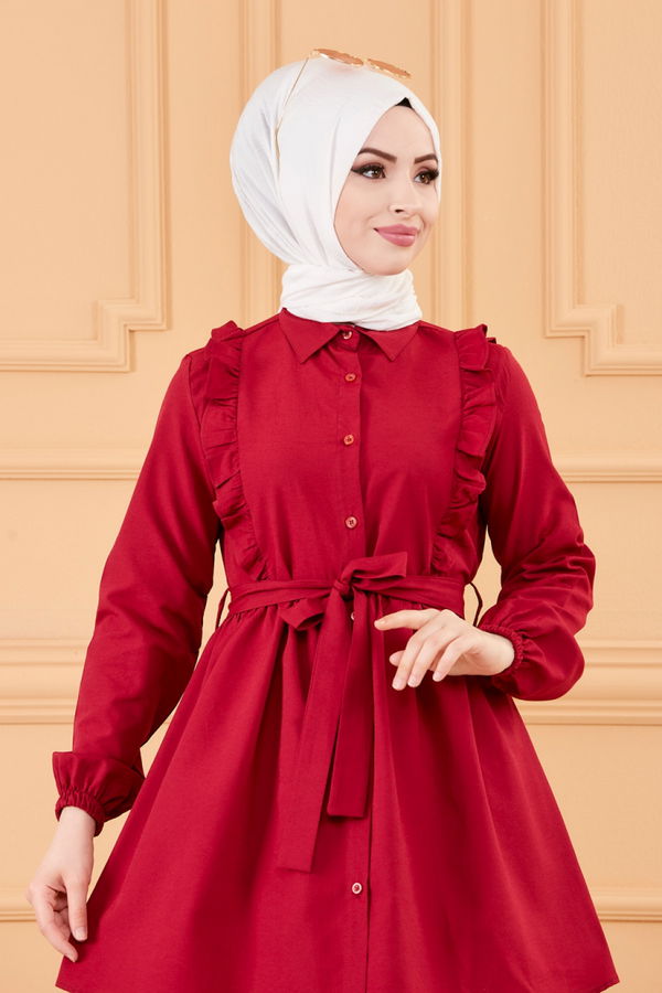 Düz Gömlek Yaka Kadın Bordo TUNIK - 3566 BORDO