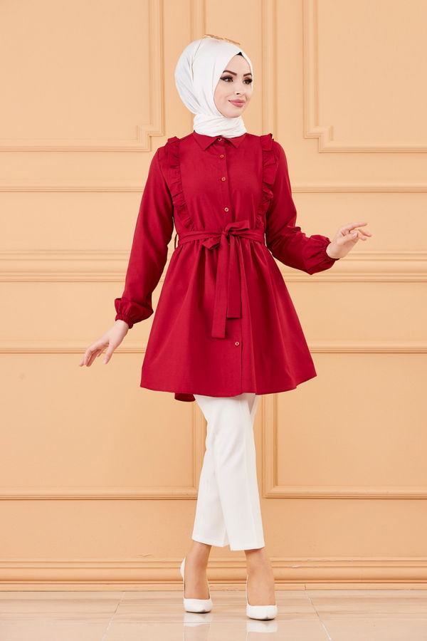 Düz Gömlek Yaka Kadın Bordo TUNIK - 3566 BORDO
