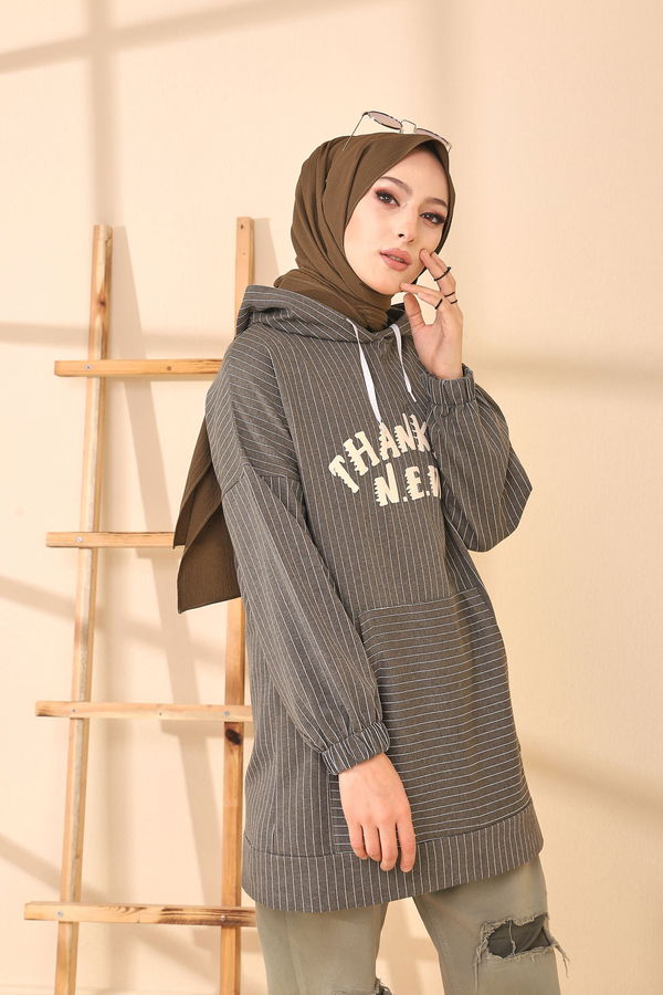 Düz Kapşonlu Yaka Kadın Haki 4162 TUNIK - 4162 HAKİ