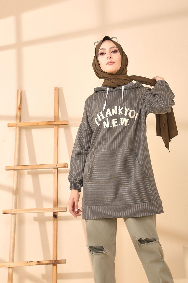 Düz Kapşonlu Yaka Kadın Haki 4162 TUNIK - 4162 HAKİ