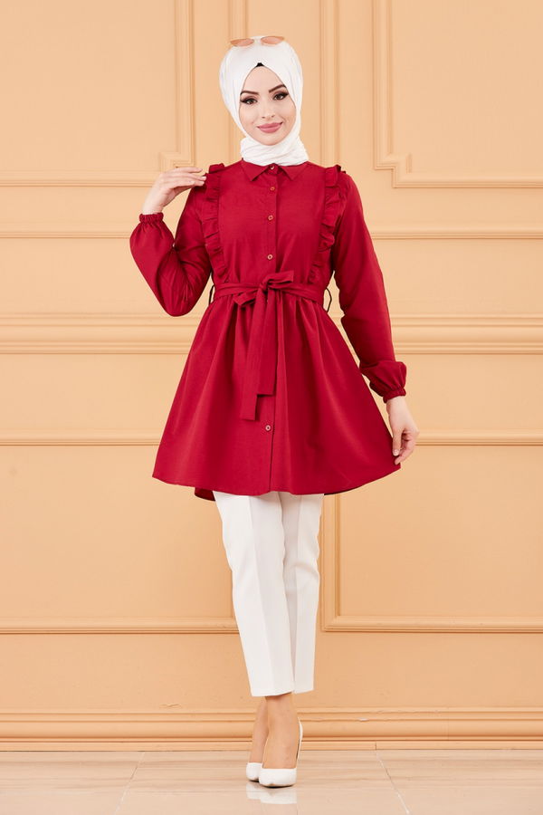 Düz Gömlek Yaka Kadın Bordo TUNIK - 3566 BORDO