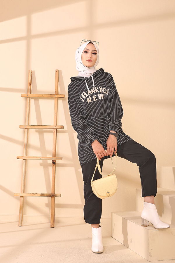 Düz Kapşonlu Yaka Kadın Siyah 4162 TUNIK - 4162 SİYAH