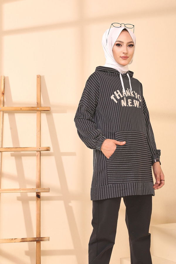 Düz Kapşonlu Yaka Kadın Siyah 4162 TUNIK - 4162 SİYAH