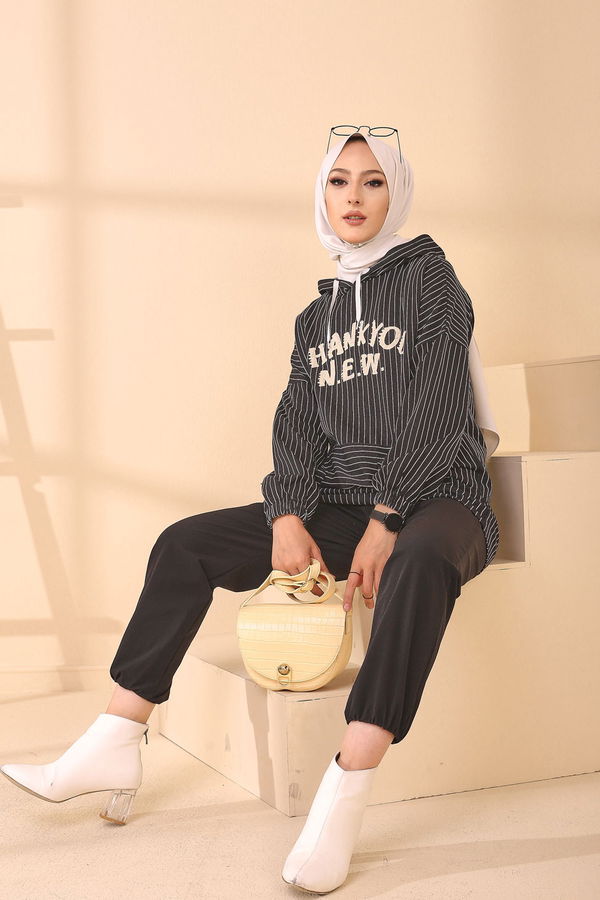 Düz Kapşonlu Yaka Kadın Siyah 4162 TUNIK - 4162 SİYAH