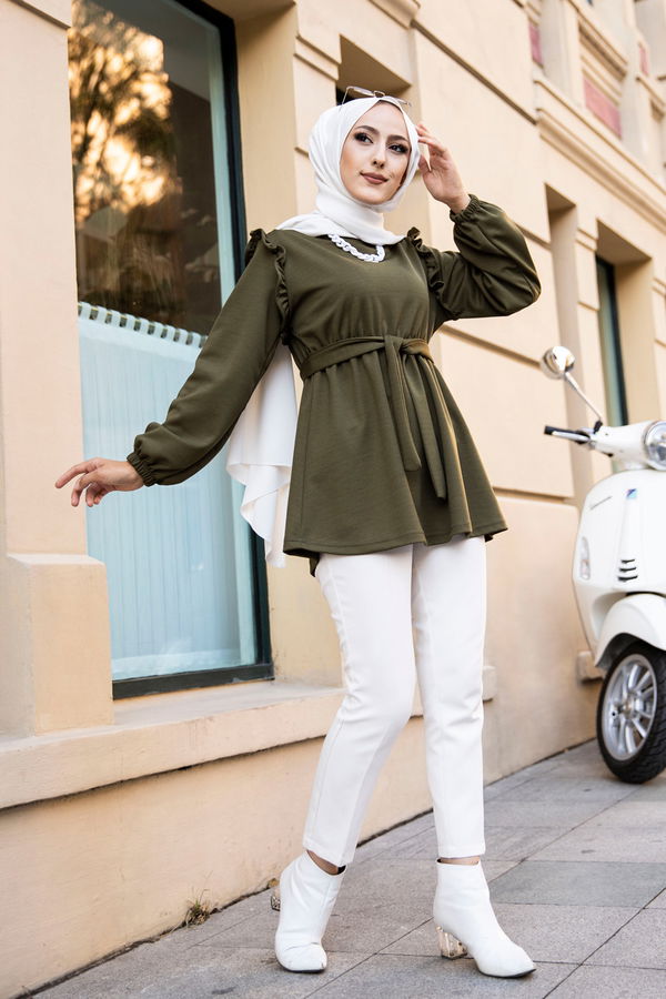 Düz Bisiklet Yaka Kadın Haki KEMERLI TUNIK - 3296 HAKİ