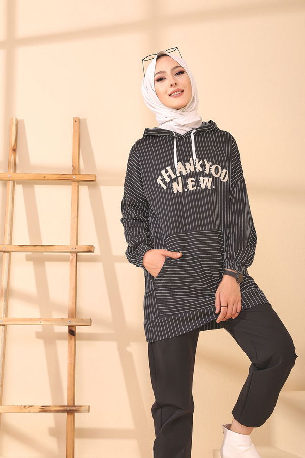 Düz Kapşonlu Yaka Kadın Siyah 4162 TUNIK - 4162 SİYAH
