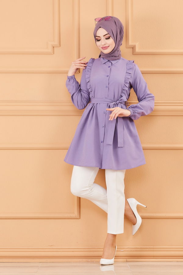 Düz Gömlek Yaka Kadın Lila TUNIK - 3566
