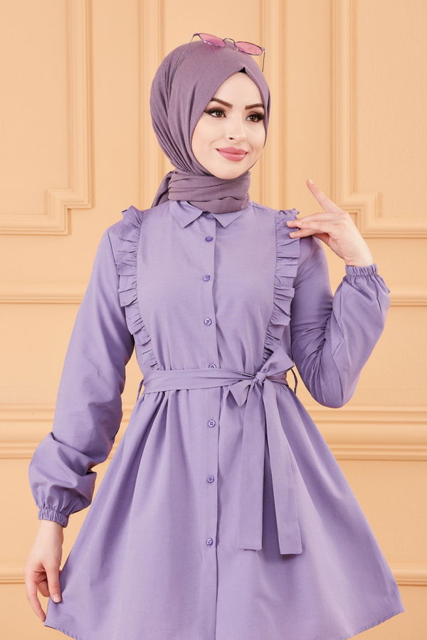 Düz Gömlek Yaka Kadın Lila TUNIK - 3566