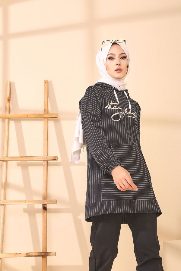 Düz Kapşonlu Yaka Kadın Siyah 4164 TUNIK - 4164 SİYAH