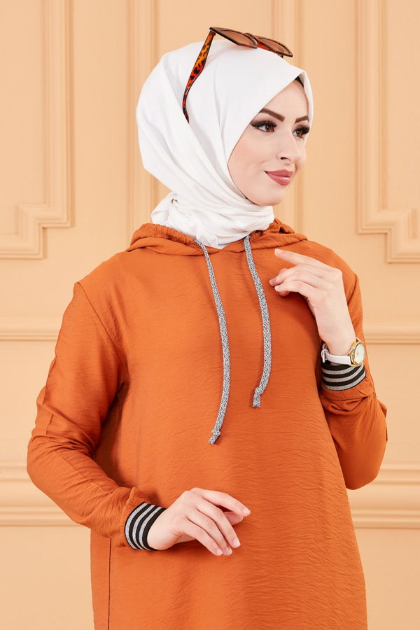 Düz Kapsonlu Yaka Kadın Taba KAPSONLU TUNIK - 3534