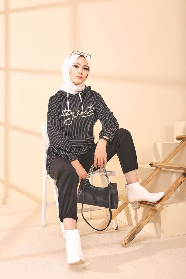 Düz Kapşonlu Yaka Kadın Siyah 4164 TUNIK - 4164 SİYAH