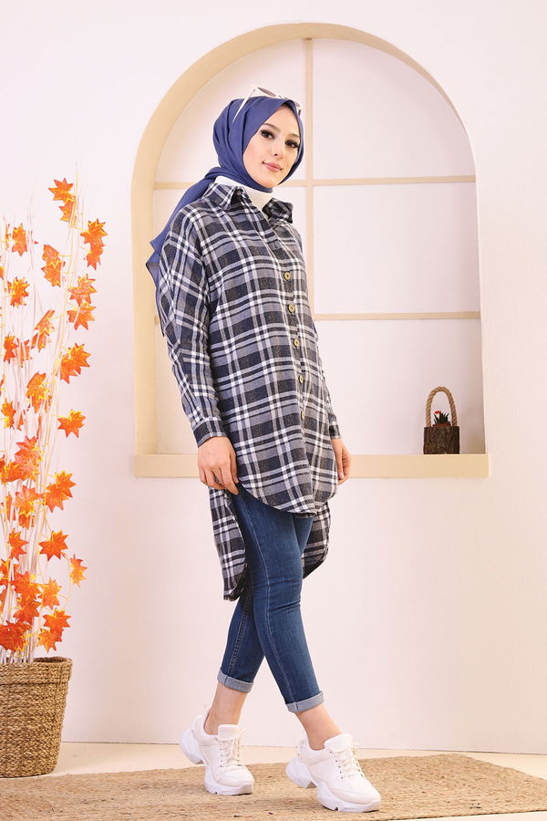 Düz Gömlek Yaka Kadın Mavi YARASA KOL TUNIK - 3298 MAVİ