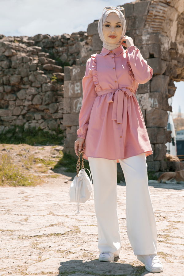 Düz Gömlek Yaka Kadın Pembe TUNIK - 3566 PEMBE