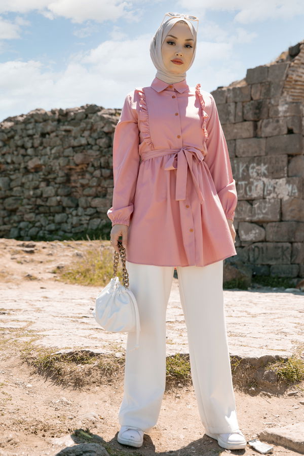 Düz Gömlek Yaka Kadın Pembe TUNIK - 3566 PEMBE