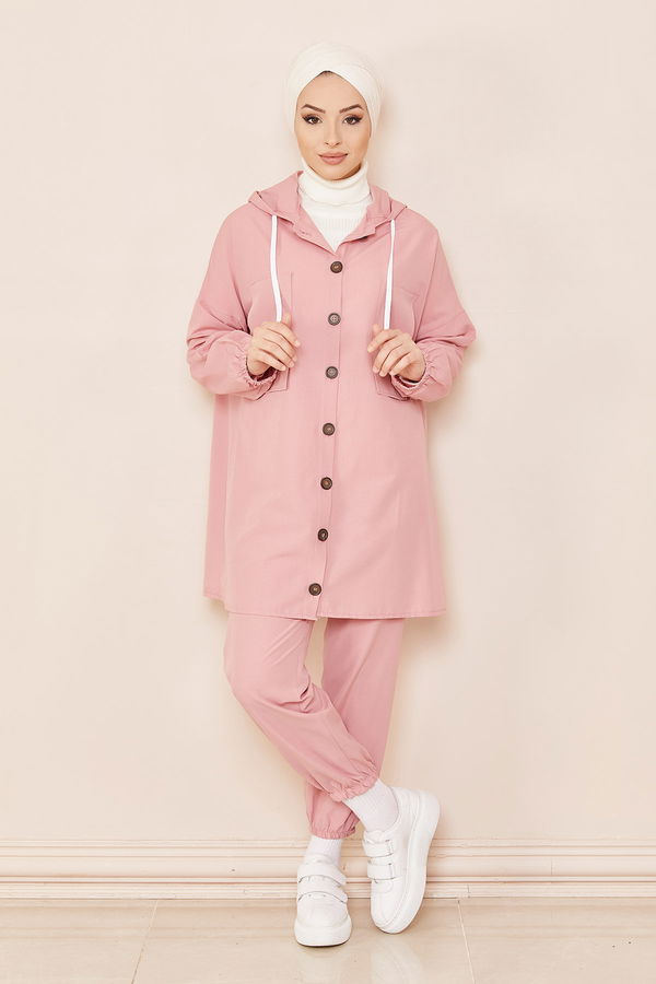 Düz Kapsonlu Yaka Kadın Pembe TUNIK PANTOLON - 3687 PEMBE