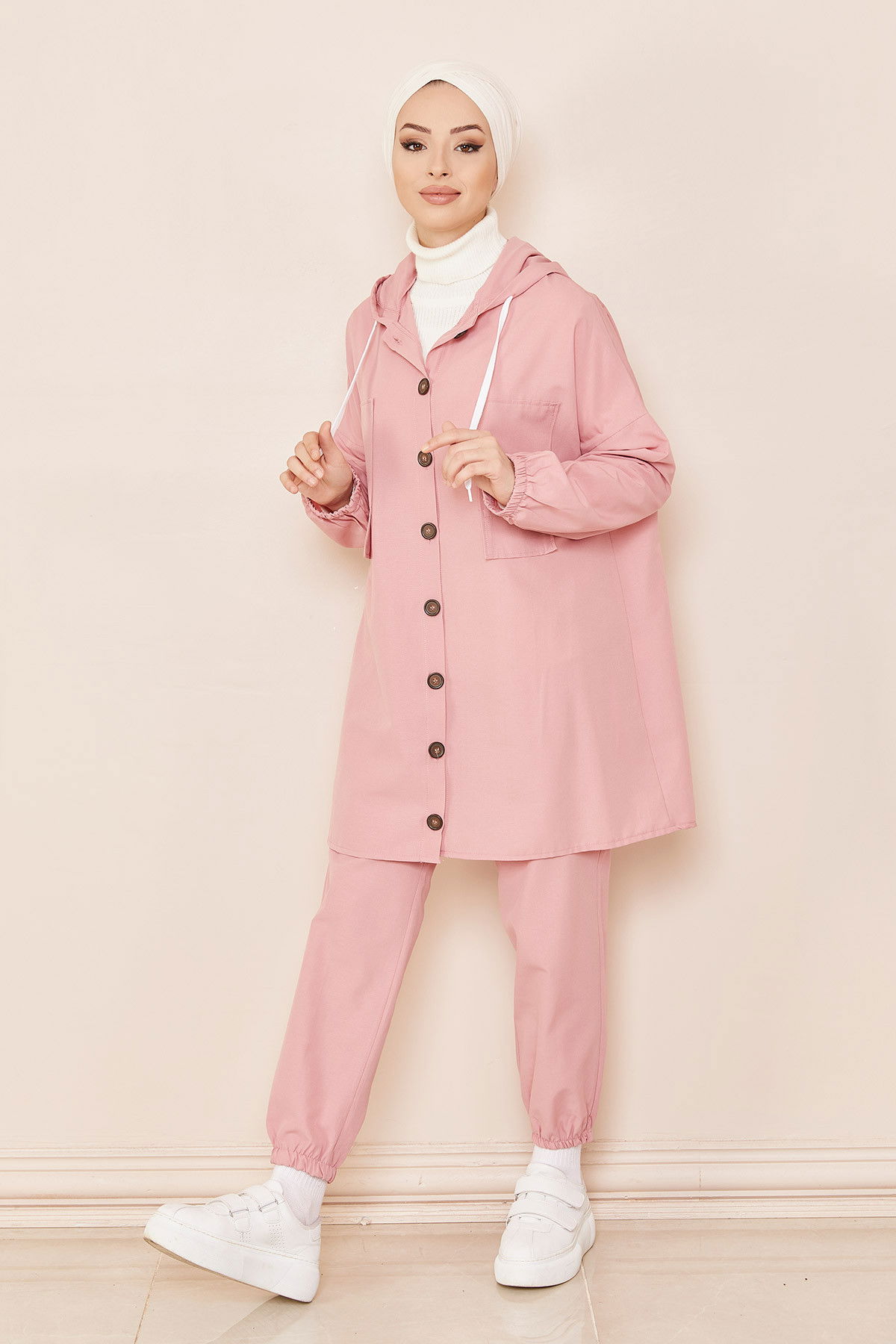 Düz Kapsonlu Yaka Kadın Pembe TUNIK PANTOLON - 3687 PEMBE