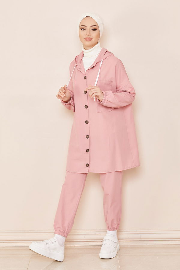 Düz Kapsonlu Yaka Kadın Pembe TUNIK PANTOLON - 3687 PEMBE