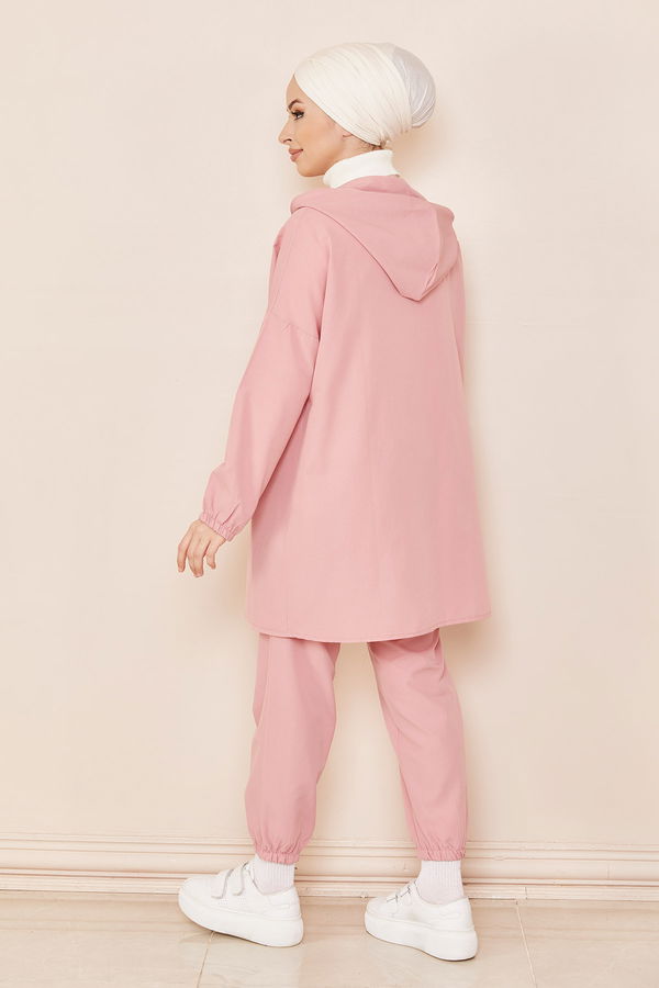 Düz Kapsonlu Yaka Kadın Pembe TUNIK PANTOLON - 3687 PEMBE