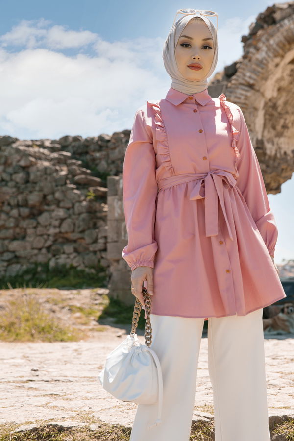 Düz Gömlek Yaka Kadın Pembe TUNIK - 3566 PEMBE